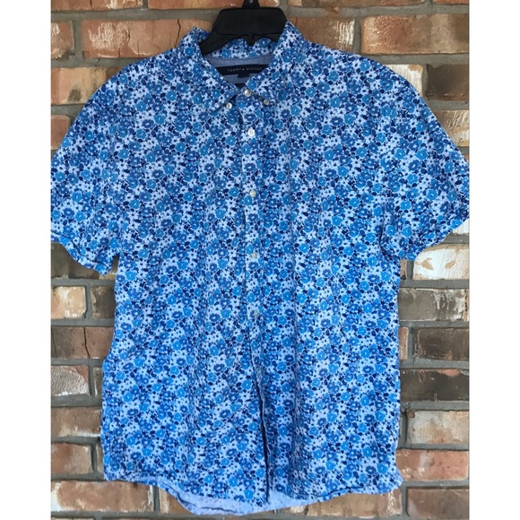 Tommy Hilfiger Men’s Blue Print Short Sleeve Custom Fit Button Down Shirt - Picture 7 of 7